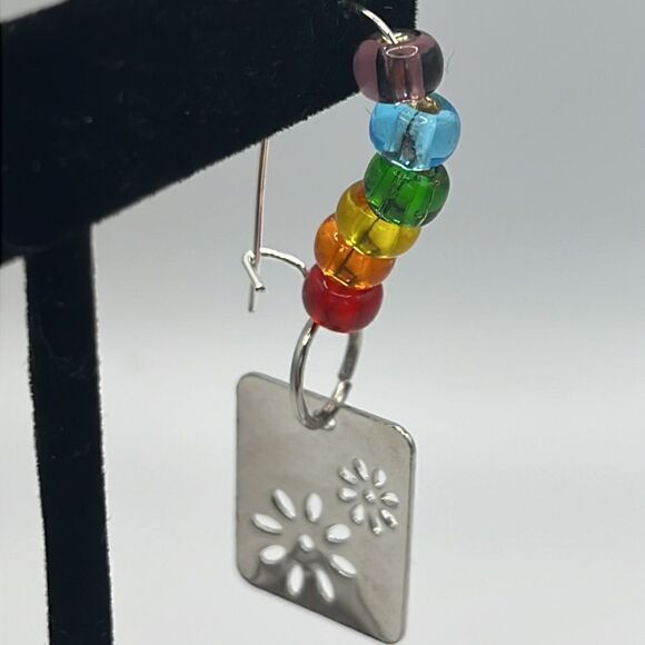 Silver-tone Dangling Rainbow Beaded Floral Charm Earrings- NEW - Picture 5 of 11